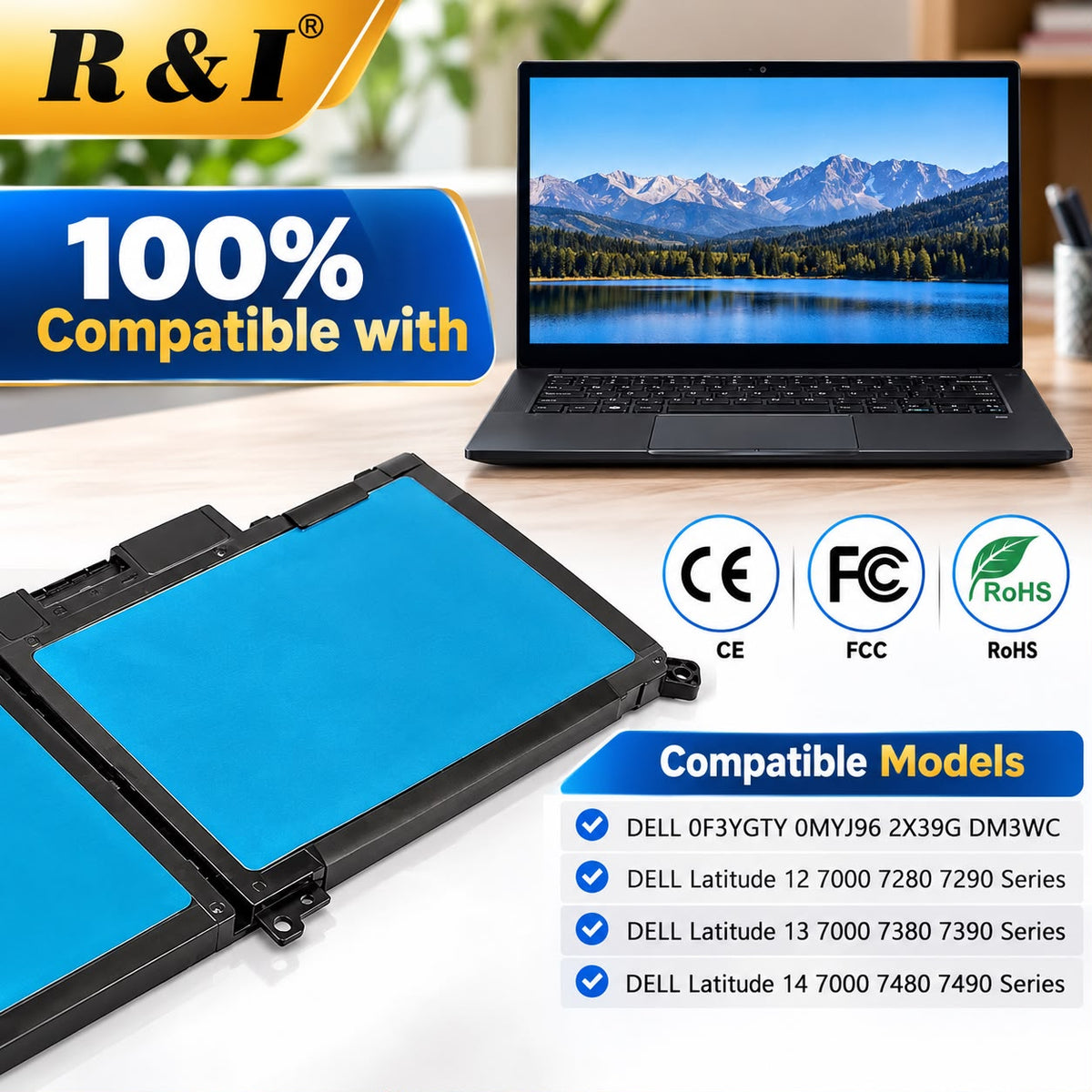 R & I F3YGT Laptop Battery Compatible for Dell Latitude 7480 7490 7280 7290 7380 7390 E7480 E7490 E7280 451-BBYE DM3WC DM6WC 2X39G KG7VF P29S002 P73G002 - High Performance Laptop Battery