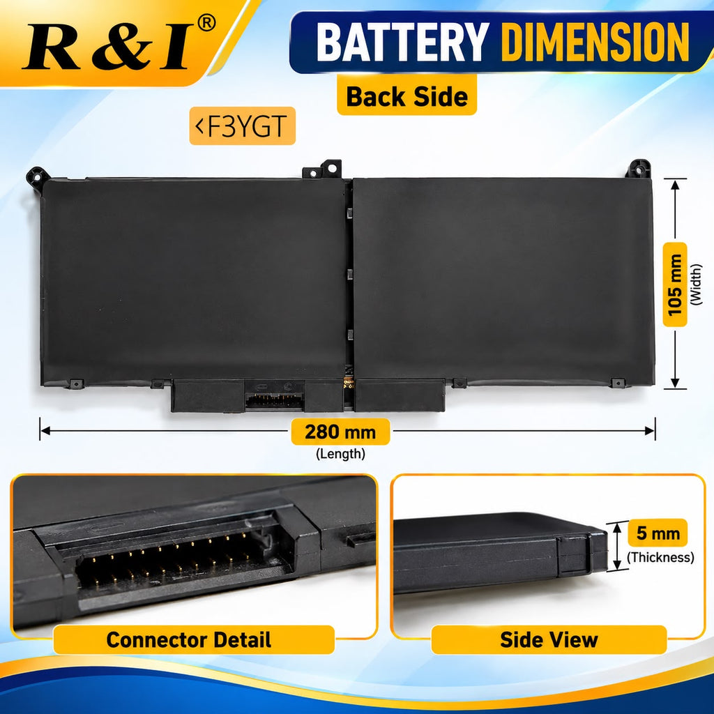 R & I F3YGT Laptop Battery Compatible for Dell Latitude 7480 7490 7280 7290 7380 7390 E7480 E7490 E7280 451-BBYE DM3WC DM6WC 2X39G KG7VF P29S002 P73G002 - High Performance Laptop Battery